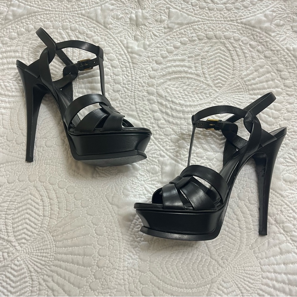 YVES SAINT LAURENT Tribute Heel Sandals Black Patent Leather 130mm Size 37.5 - Picture 12 of 12